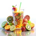 3D rendered glowing smoothie with animated fruit slices