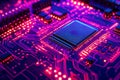 High-tech 3D rendering of a futuristic motherboard, glowing circuits, pulsating light trails, neon