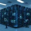 High-tech data center featuring multiple server racks interconnected with glowing Royalty Free Stock Photo