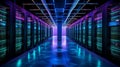 A high-tech data center featuring rows of servers illuminated by ambient, color-changing lights
