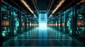A high-tech data center featuring rows of servers illuminated by ambient, color-changing lights