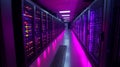High-tech data center with glowing server racks in pink-lit environment. Royalty Free Stock Photo