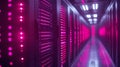 High-tech data center with glowing server racks in pink-lit environment. Royalty Free Stock Photo