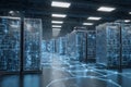 High-tech data center with glowing servers and intricate network visualizations in a modern facility Royalty Free Stock Photo