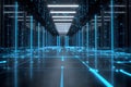 High-tech data center with glowing servers and intricate network visualizations in a modern facility Royalty Free Stock Photo