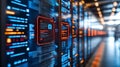High tech data center hallway with glowing blue and orange LED server racks, illustrating advanced cloud computing and big data