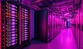 High-tech data center with illuminated server racks and modern infrastructure