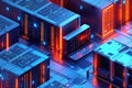 A modern data center featuring numerous server racks emitting blue and orange lights. Royalty Free Stock Photo