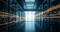 High-Tech Data Center Infrastructure with Glowing Digital Information Streams Royalty Free Stock Photo