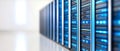 High tech data center rows of illuminated blue server racks showcasing advanced cloud computing infrastructure modern digital