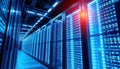 High tech data center with rows of illuminated server racks, showcasing advanced technology and digital infrastructure Royalty Free Stock Photo