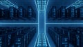 Futuristic Data Center Server Room with Blue Neon Lights, Network Communication Royalty Free Stock Photo