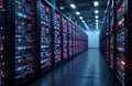 High-tech data center rows of servers. Advanced tech infrastructure visualized with digital information flowing. Cloud computing, Royalty Free Stock Photo