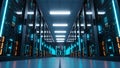 High-Tech Data Center Server Room with Blue Lights, Modern Cloud Computing Infrastructure Royalty Free Stock Photo