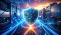 High?Tech Data Center Shield: Cybersecurity Network Protection Concept Royalty Free Stock Photo