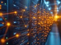 High tech data center shows complex network of interconnected database servers. Modern tech infrastructure data storage,