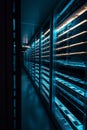 High-Tech Data Storage Room with Glowing Digital Shelves Illuminated by Soft Blue Light Royalty Free Stock Photo