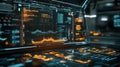 High-tech data visualization interface with glowing graphs and charts Royalty Free Stock Photo