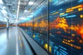 futuristic data center with glowing digital interface screens displaying complex information and analytics in a high tech environm Royalty Free Stock Photo