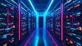 High-tech Datacenter servers room with neon lights symbolizing blockchain technology, Generated AI