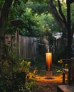 A high-tech device emitting a frequency to repel and block bugs, serving as a deterrent in a backyard during a summer evening