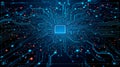 High-Tech Digital Circuit Board with Glowing Blue Traces and Central Processor, Symbolizing AI, Computing, and Data Flow on a Dark Royalty Free Stock Photo