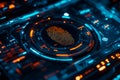 High-tech digital fingerprint scanner interface with glowing blue and orange accents Royalty Free Stock Photo