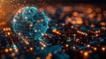 A high-tech digital globe displays a network grid filled with illuminated data points, symbolizing global connectivity and digital