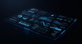 High-tech digital interface featuring various data visualizations, including bar graphs, Royalty Free Stock Photo