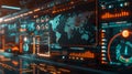 High tech digital interface visualizing global economic policy scenarios and projections