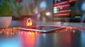 A high-tech digital lock in front of a glowing computer screen, securing sensitive business and personal data Royalty Free Stock Photo