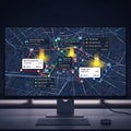 Futuristic digital network map displayed on a modern computer monitor with data visualizations Royalty Free Stock Photo