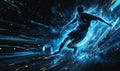 A high-tech digital rendering of a soccer player in motion, kicking a ball dynamically.