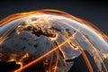 High-tech digital representation of global connectivity showing illuminated cities and glowing network lines spanning across Royalty Free Stock Photo