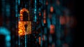 Digital Cyber Security Lock - Orange Glowing Padlock with Binary Code Data Royalty Free Stock Photo