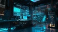 Futuristic digital workspace featuring advanced technology, glowing screens, and holographic displays, creating an immersive Royalty Free Stock Photo
