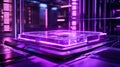A high-tech display platform with a glowing purple base and dynamic holographic elements