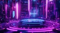 A high-tech display platform with a glowing purple base and dynamic holographic elements