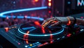 High-tech DJ turntable with hologram interface, robotic hands scratching vinyl made of light, set in an interstellar nightclub Royalty Free Stock Photo