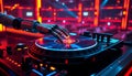 High-tech DJ turntable with hologram interface, robotic hands scratching vinyl made of light, set in an interstellar nightclub 2 Royalty Free Stock Photo