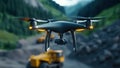 A high-tech drone with a camera hovers over a construction site, showcasing advanced aerial surveying technology Royalty Free Stock Photo