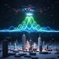 Advanced drone technology illuminates futuristic cityscape with vibrant digital data visualization Royalty Free Stock Photo