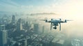 A high-tech drone hovers above a sprawling cityscape, capturing aerial views amidst the hazy glow of dawn or dusk