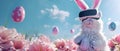 High tech Easter Bunny with virtual reality headset guiding a digital egg scavenger hunt Royalty Free Stock Photo