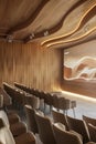 High-Tech Educational Setting with Mocha Mousse Chairs and Interactive Digital Board