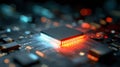 High-Tech Electronic Microchip on Motherboard with Glowing Blue and Red Circuitry Lines, Futuristic CPU Processor Data Processing Royalty Free Stock Photo