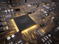 High tech electronic PCB (Printed circuit board) with processor, microchips and glowing digital electronic signals Royalty Free Stock Photo