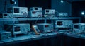 Electronic Test Equipment Lab with Oscilloscopes and Multimeters on Blue Table in a Dark Room Setting Royalty Free Stock Photo