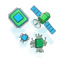 High-Tech Electronics Set: Satellite and Microchips Illustration Royalty Free Stock Photo