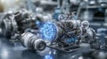 High-tech engine innovation futuristic workshop 3d rendering industrial environment close-up perspective ai concept